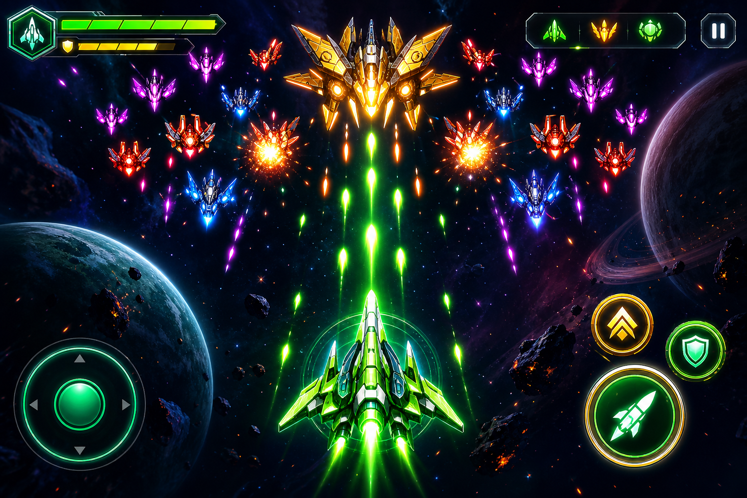 AI-generated arcade space shooter game example with neon enemies