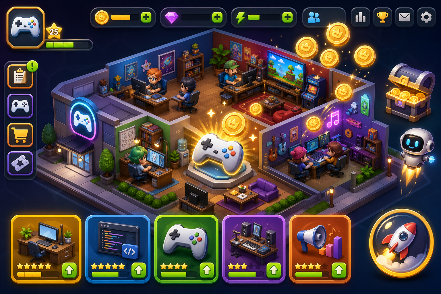 AI-generated idle tycoon game example with upgrades and coins